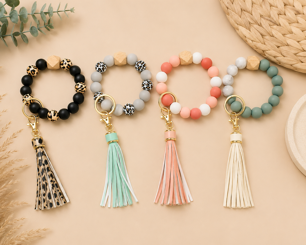 Silicone Beaded Wristlet Keychain with Tassel | Handmade Wristlet Key Ring