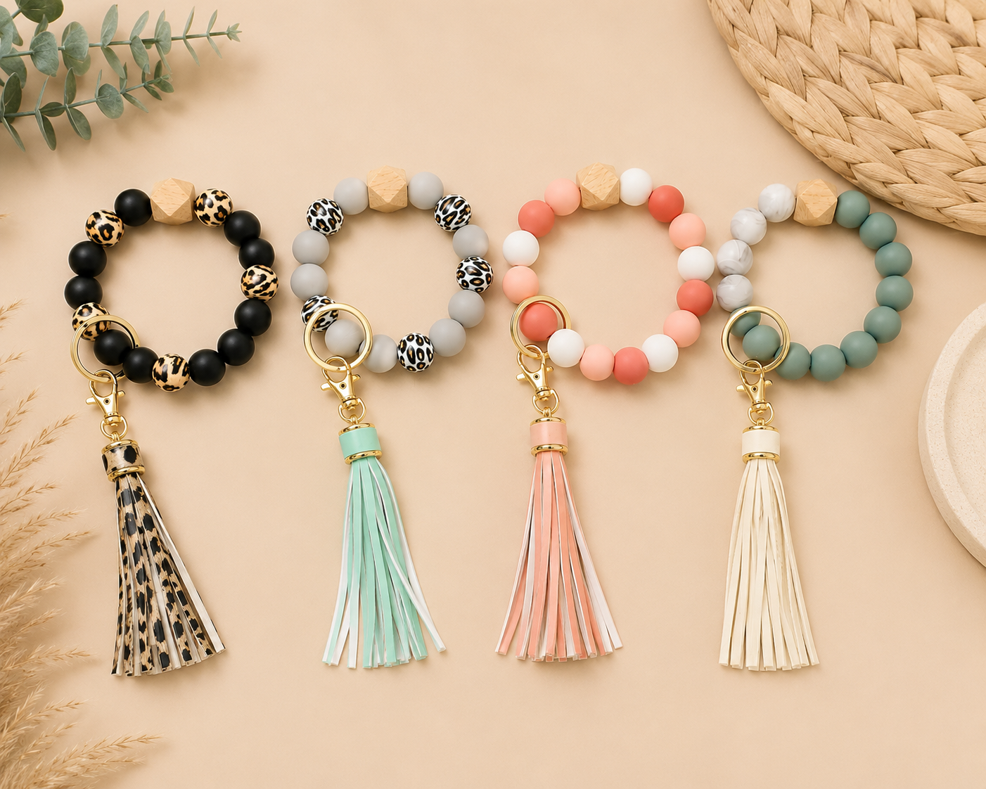 Silicone Beaded Wristlet Keychain with Tassel | Handmade Wristlet Key Ring