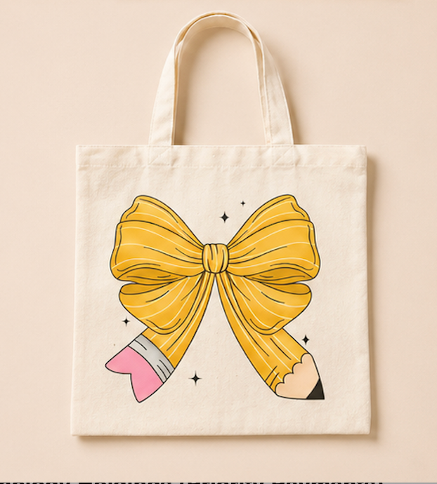 Teacher Pencil Bow Tote Bag (Canvas Tote) Tote Bag | Reusable Canva by Coastal Designs SC