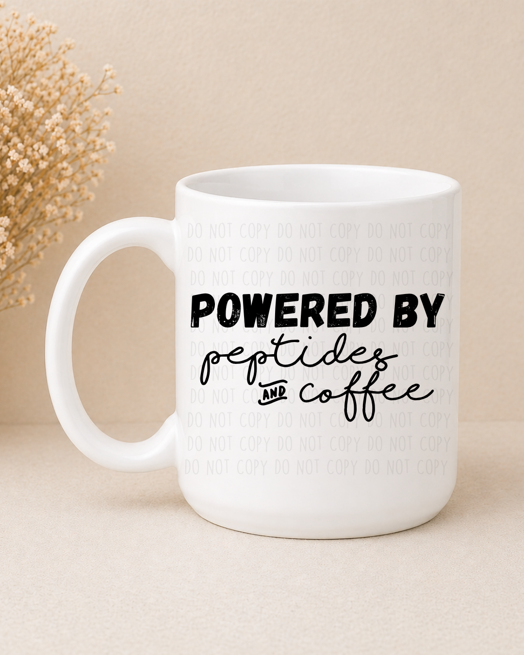 Powered By Peptides & Coffee (Black or White Handle) Coffee Mug | Funny Ceramic Mug | Gift