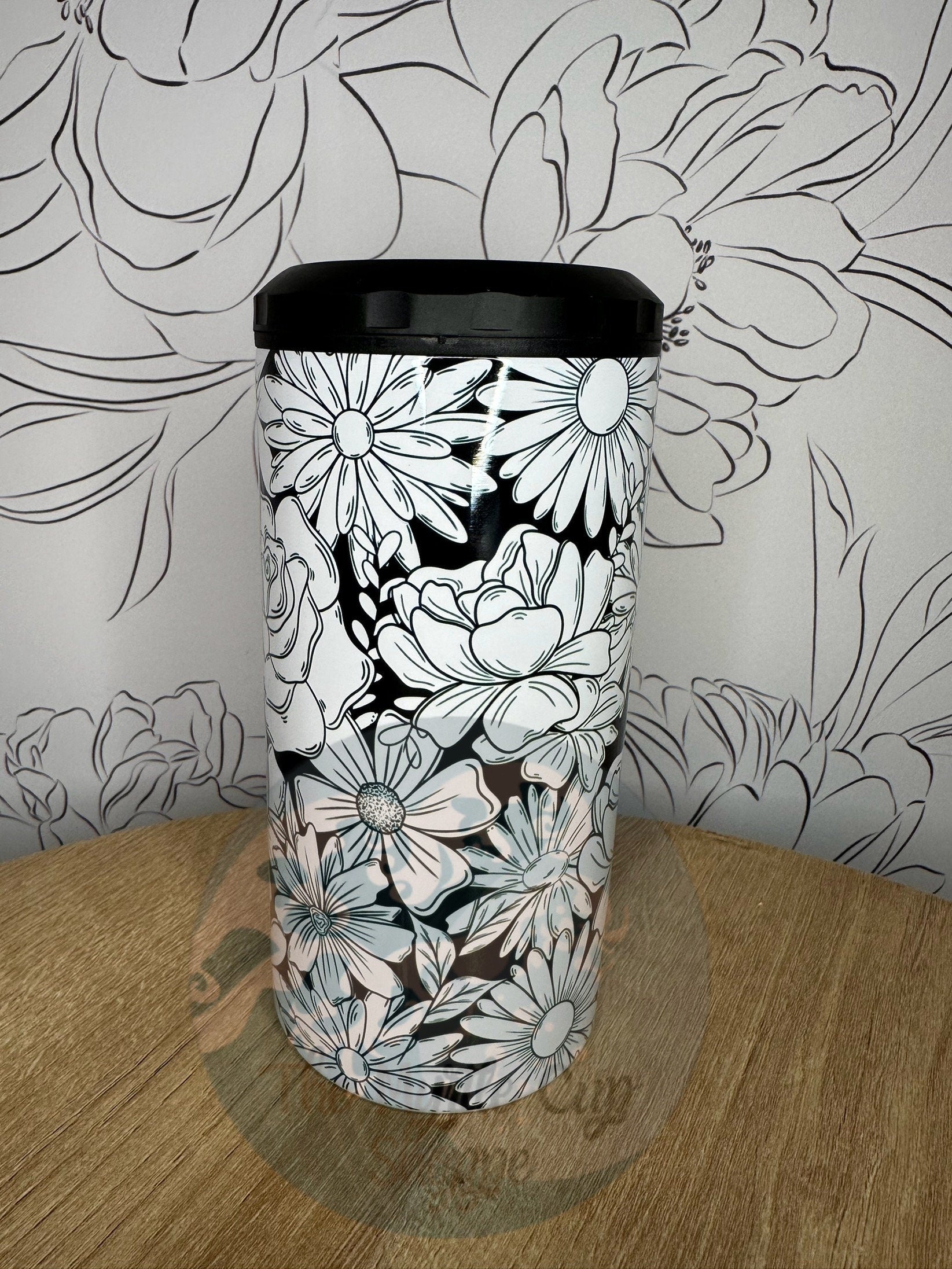 4 in 1 Can Cooler - Monochrome Floral Tumbler | Insulated Travel Cup by Coastal Designs SC